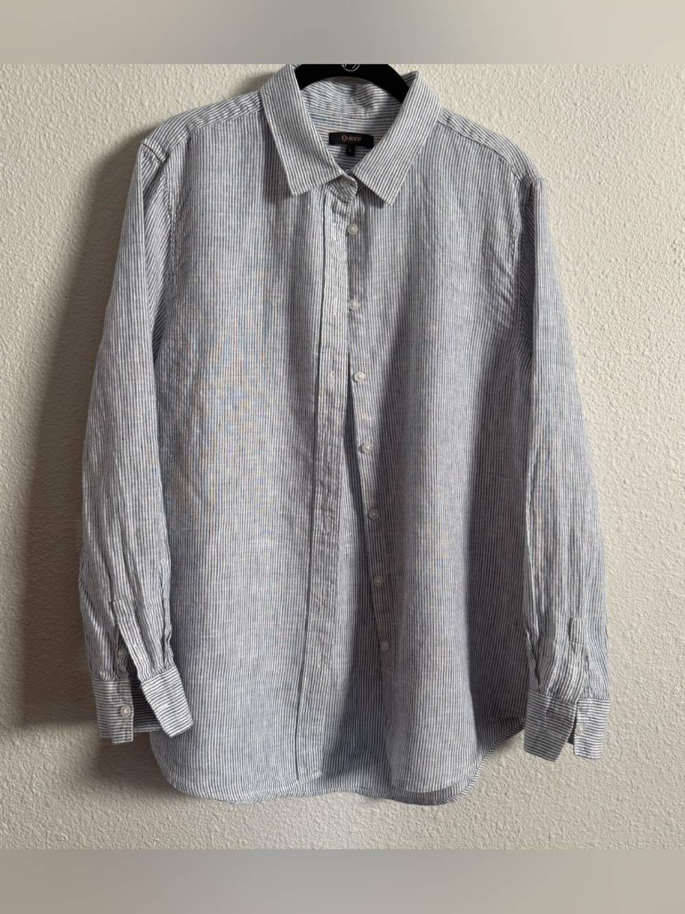 Quince 100% European Linen Long Sleeve Shirt Blue Pinstripe L - Picture 2 of 5